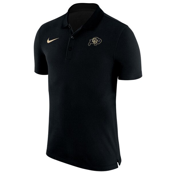 Black Nike polo shirt with CU Buffaloes logo on left chest and gold Nike swoosh on right chest